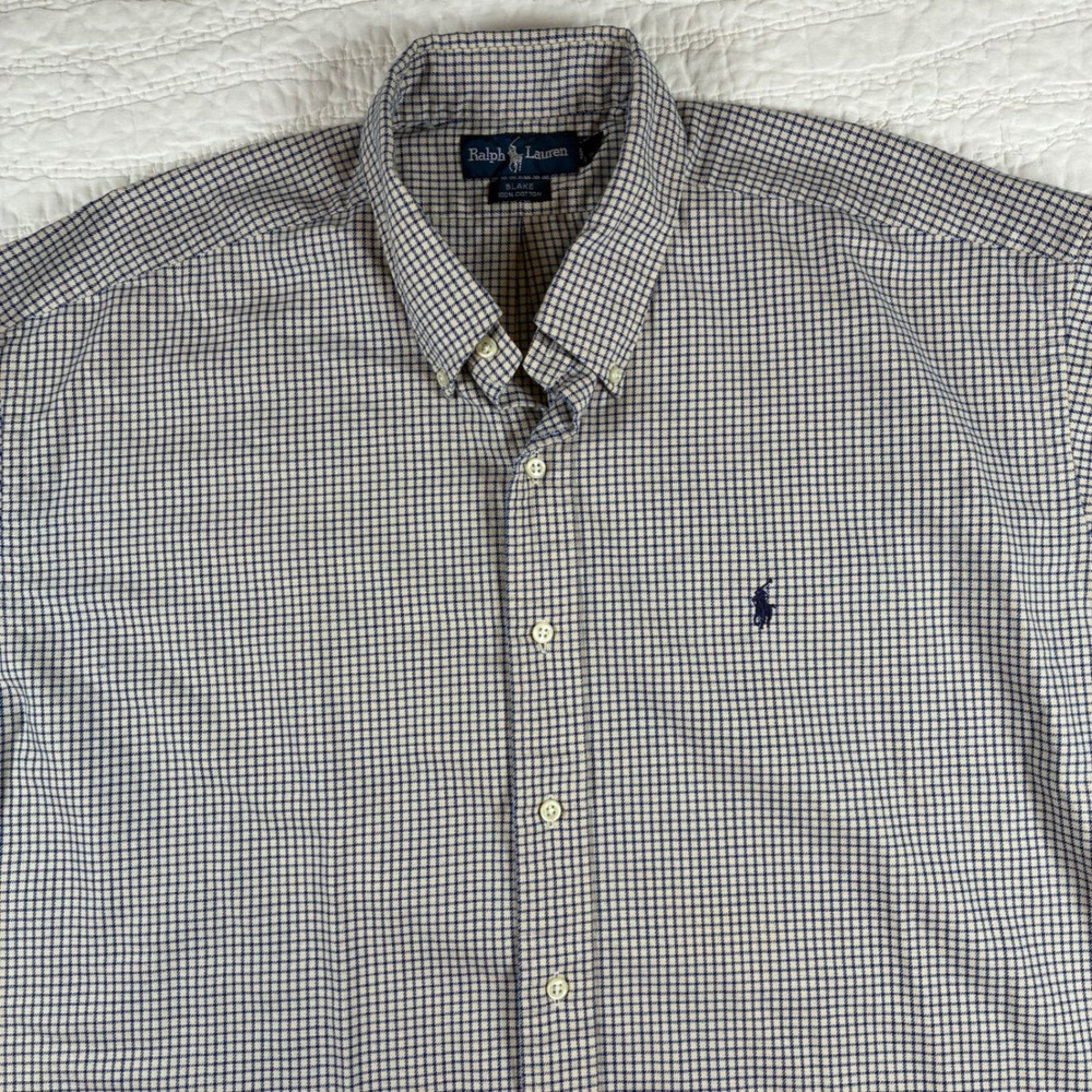 Ralph Lauren Button Down Shirt Mens XXL Blue Blake Check Cotton Long Sleeve Pony